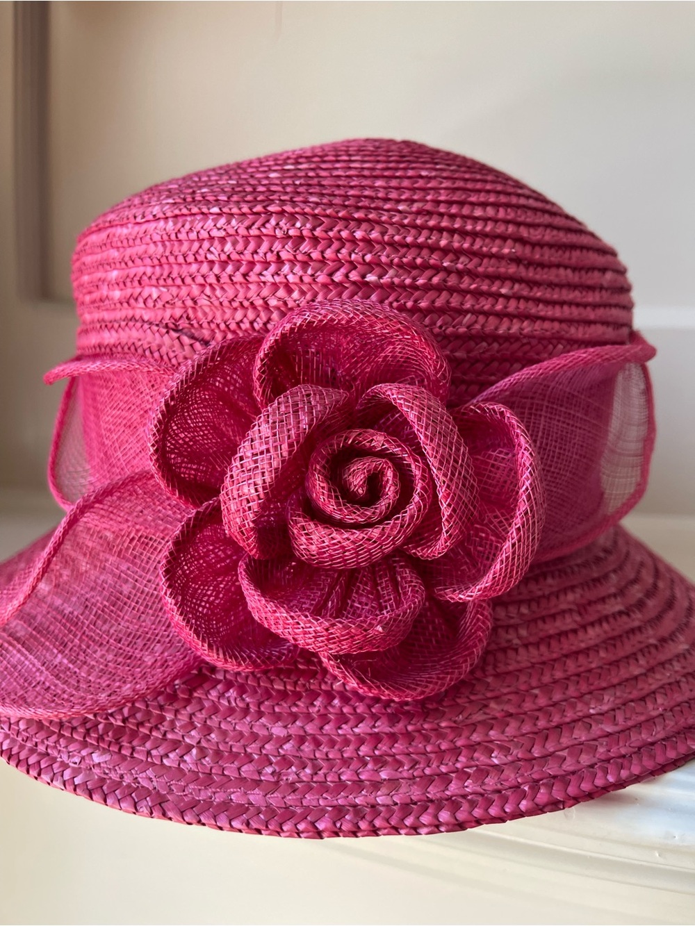 Betmar Pink Straw Floral Derby Church Cloche Hat